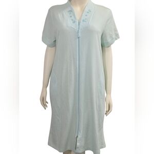 Vintage Mint Green Robe Lounge Knit Floral Embroidered Full Zipper Grandmacore